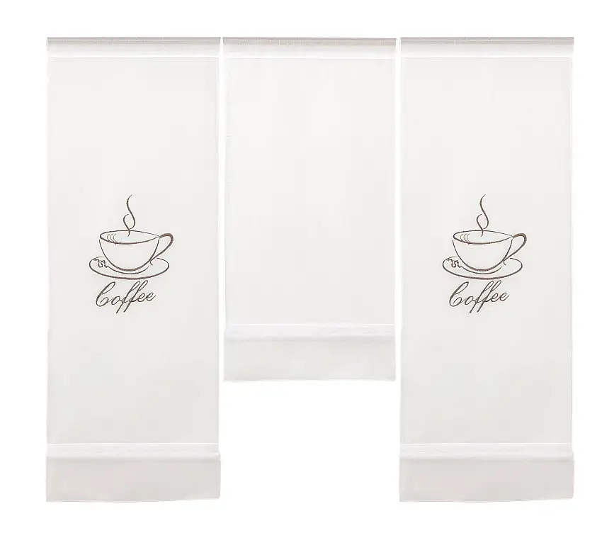 Design Mini Flächenvorhang Set weiß bestickt Kaffee Coffee Scheibengardine 4057-01