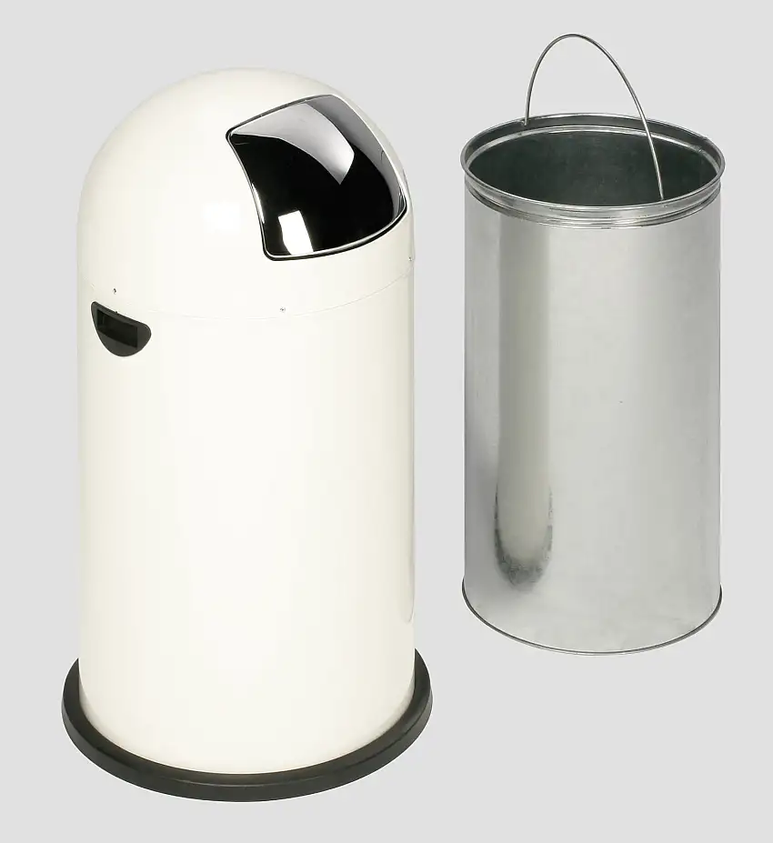 Klassischer Abfallsammler mit Einwurfklappe & Inneneinsatz | 40 Liter, HxBxT 73x46,5x46,5cm | Verzinkter Stahl | Weiß