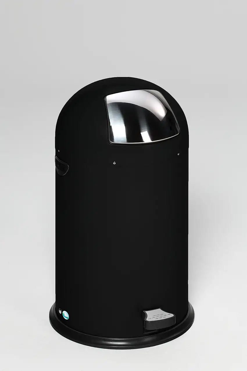 Klassischer Abfallsammler mit Einwurfklappe & Inneneinsatz + Fußpedal | 40 Liter, HxBxT 73x46,5x46,5cm | Verzinkter Stahl | Schwarz