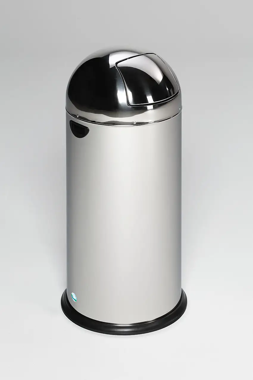 Klassischer Abfallsammler mit Einwurfklappe & Inneneinsatz | 52 Liter, HxBxT 88x46,5x46,5cm | Edelstahl | Silber