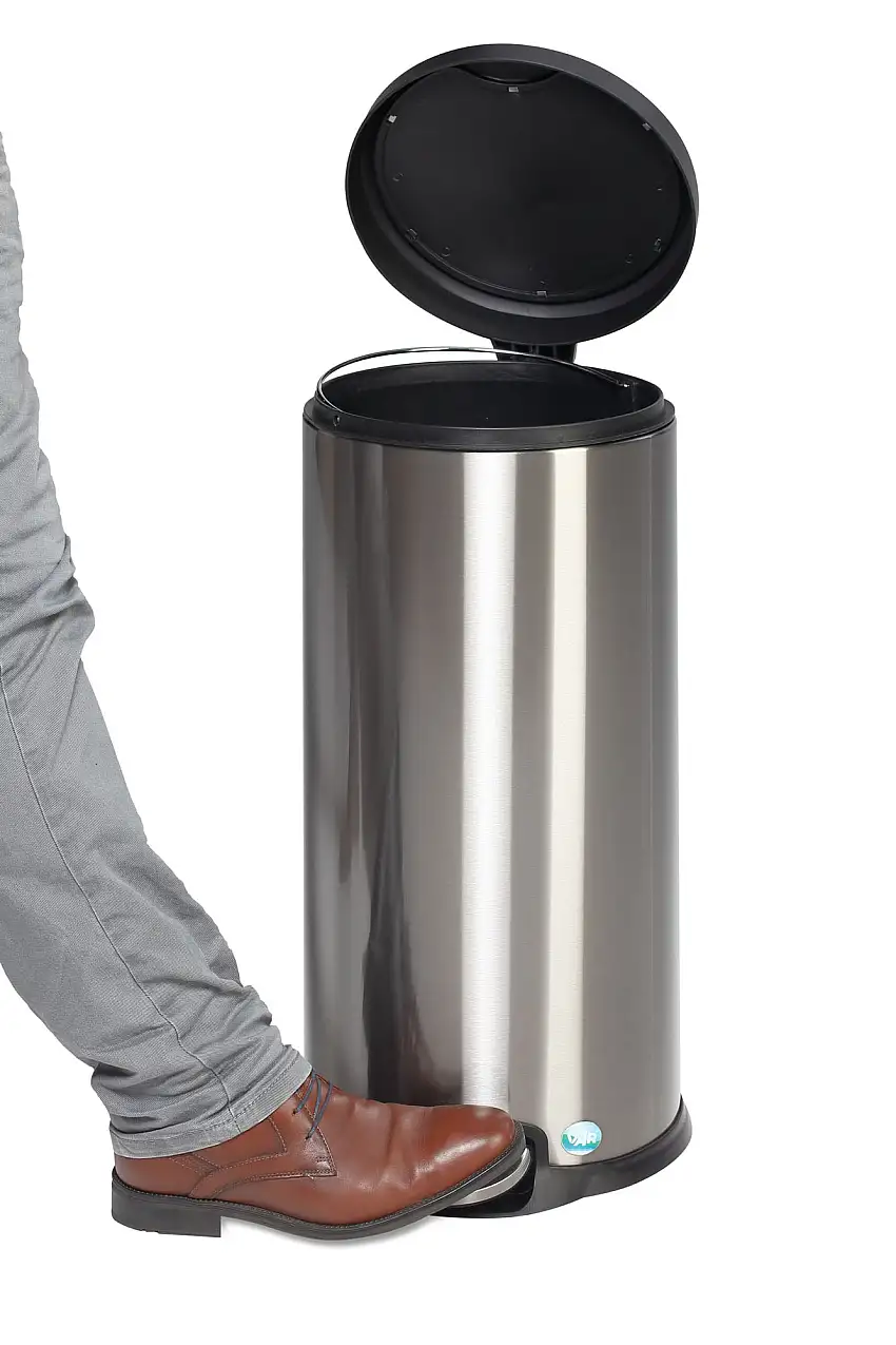 Robuster Tretabfallsammler mit Fußpedal | Gedämpftes Schließen | 30 Liter, HxBxT 63x31x37cm | Edelstahl | Silber