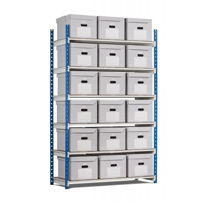 Aktenregal MAXIMUS | Grundregal | HxBxT 200x125x54cm | 6 Ebenen | offener Fachboden | Fachlast 180kg | bis zu 18 Archivboxen | Lichtblau/Lichtgrau