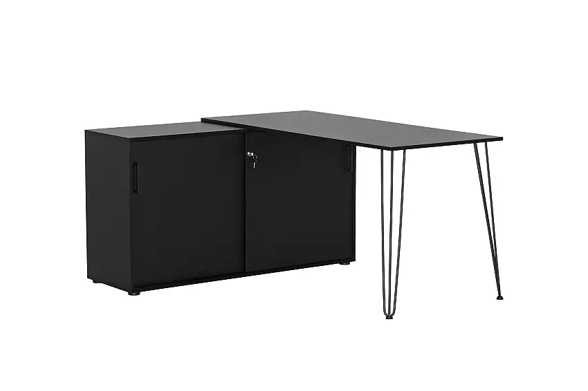 Möbelpartner Eckschreibtisch Zebra | HxBxT 74x129,5x145cm | Aktenschrank mit 2 Fächern & 2 abschließbare Schiebetüren | Schwarz
