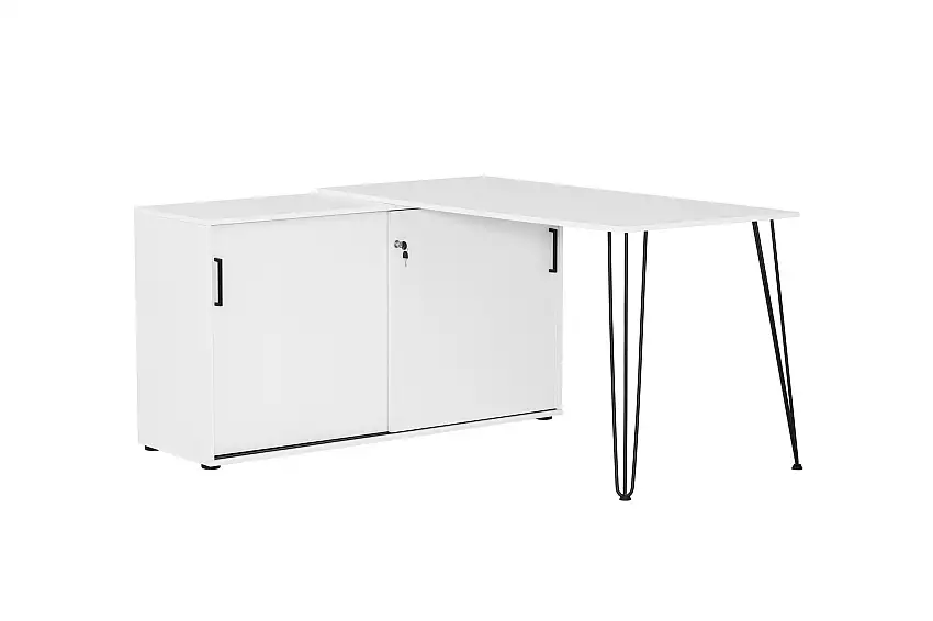 Möbelpartner Eckschreibtisch Zebra | HxBxT 74x129,5x145cm | Aktenschrank mit 2 Fächern & 2 abschließbare Schiebetüren | Weiß