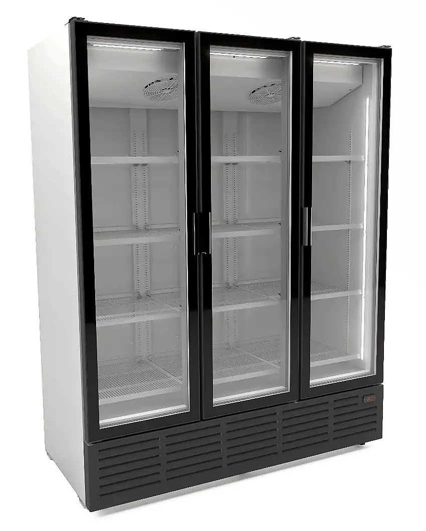 Kühlschrank PINGUIN auf Räder | 3 Glastüren+ LED | 1560 Liter, HxBxT 208x162x74cm | -1/+2°C | inkl. 6 Räder & inkl. 8 Gitter mit Clips und Preiskartenhalter | Weiß/Schwarz