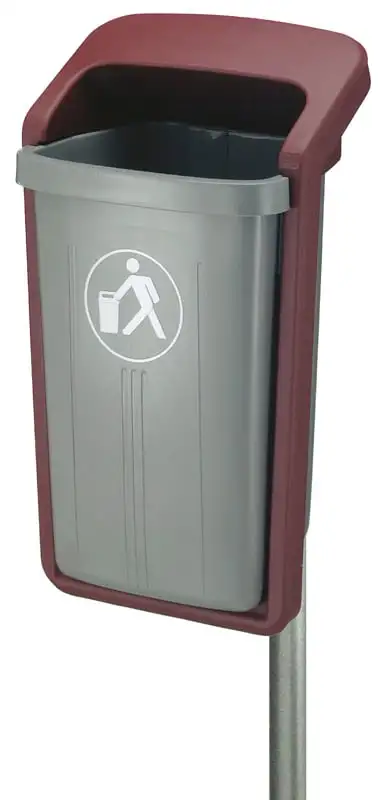 Abfallsammler für den Außenbereich | Wand- /Rohrbefestigung | 50 Liter, HxBxT 84,5x39x46cm | Kunststoff | Grau/Rot