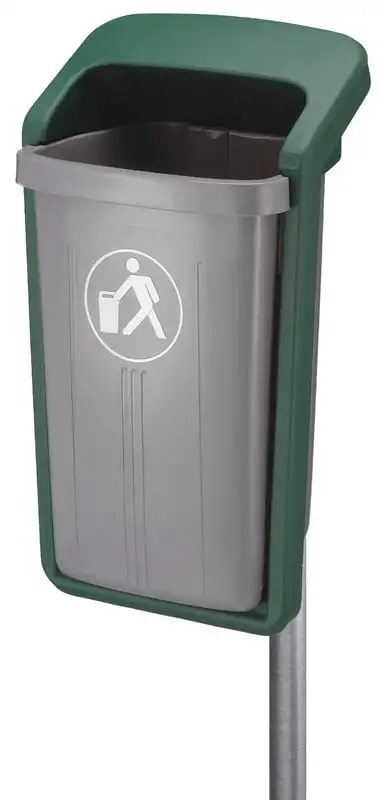 Abfallsammler für den Außenbereich | Wand- /Rohrbefestigung | 50 Liter, HxBxT 84,5x39x46cm | Kunststoff | Grau/Grün