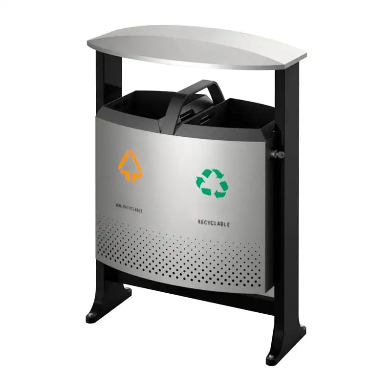 Abfalltrennstation mit Dach & Batterienfach für den Außenbereich | 2x 39 Liter, HxBxT 100x103x42cm | Metall | Grau
