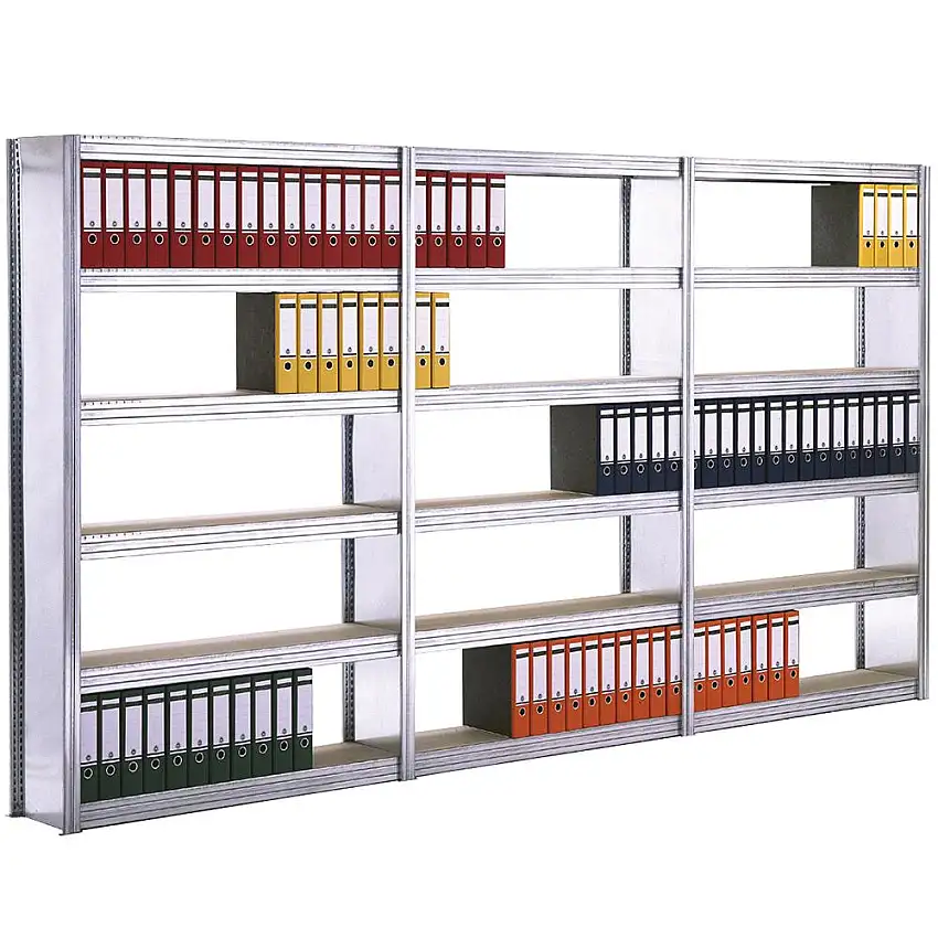 Aktenregal FALKE Stecksystem mit Seitenwand | Grundregal | Tall | HxBxT 207x88x60cm | 6 Spanplatten-Fachboden | Fachlast 250kg | Beidseitig nutzbar | Verzinkt