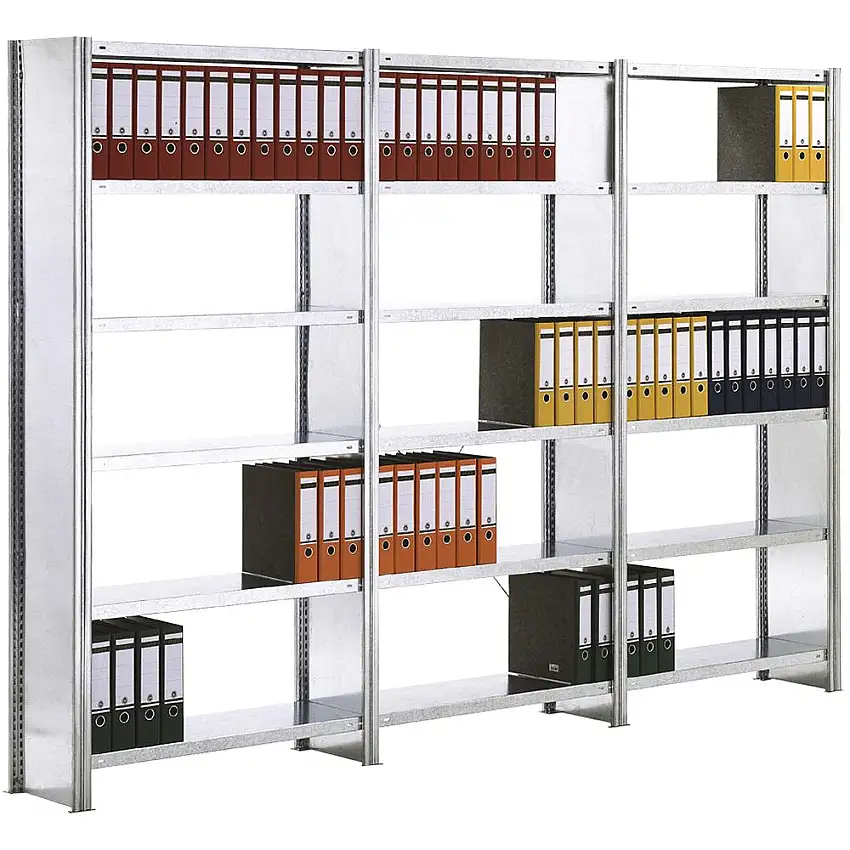 Büro-Fachbodenregal FALKE Stecksystem mit Seitenwand | Grundregal | Extra-Tall | HxBxT 232x129x60cm | 7 Stahlfachboden | Einseitig nutzbar | Verzinkt