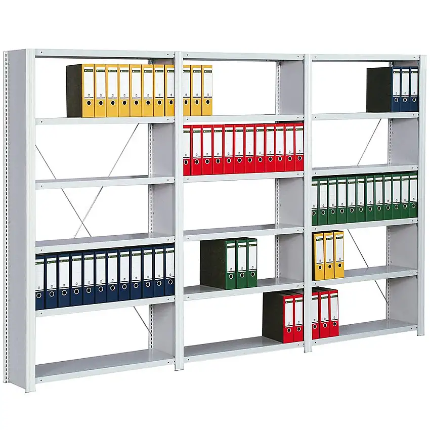 Büro-Fachbodenregal FALKE Stecksystem mit Seitenwand | Anbauregal | Tall | HxBxT 200x88x30cm | 6 Stahlfachboden | Einseitig nutzbar | Lichtgrau