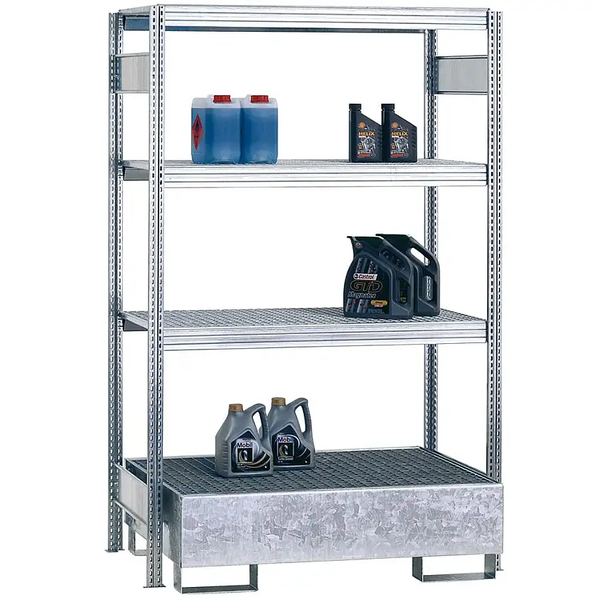 Umweltregale mit Auffangwanne FALKE Stecksystem | Anbauregal | HxBxT 250x129x60cm | 4 Ebenen | Fachlast 250kg | Verzinkt