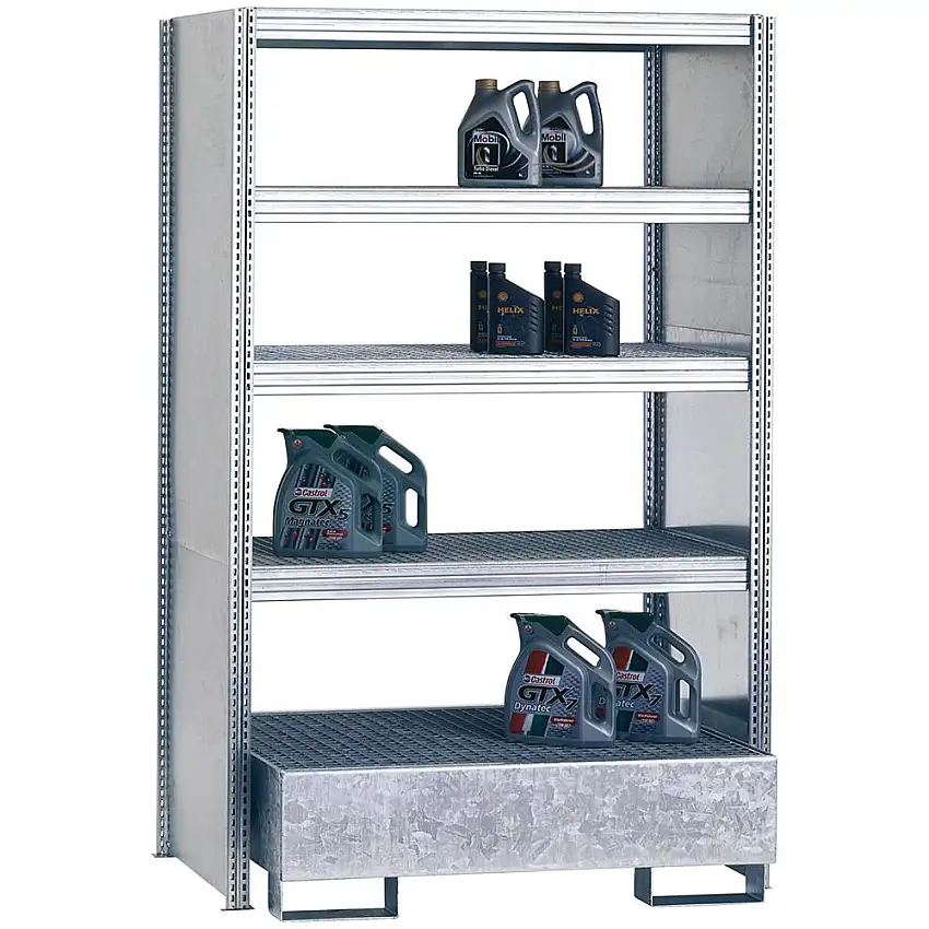 Umweltregale mit Auffangwanne FALKE Stecksystem mit Seitenwand | Anbauregal | HxBxT 250x129x60cm | 4 Ebenen | Fachlast 250kg | Verzinkt