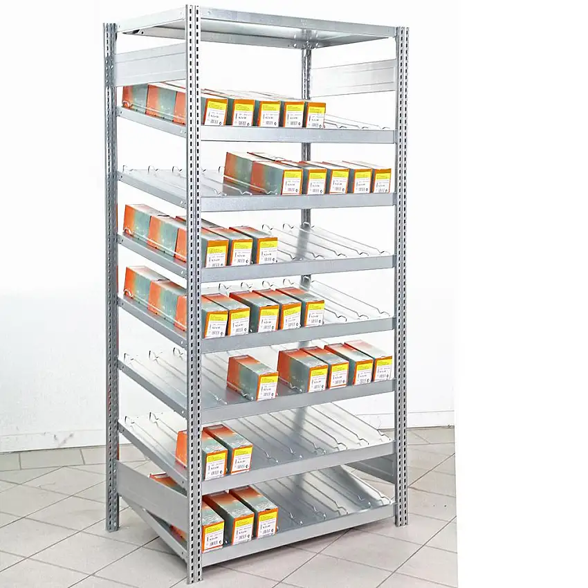 Kanbanregal einseitig FALKE Stecksystem | Anbauregal | HxBxT 200x101x60cm | 7x Schrägboden Ebenen, 1x Deckel Stahlfachboden | Fachlast 250kg | Verzinkt
