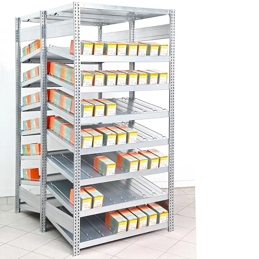 Kanbanregal doppelseitig FALKE Stecksystem | Anbauregal | HxBxT 200x101x100cm | 7x Schrägboden Ebenen, 1x Deckel Stahlfachboden | Fachlast 250kg | Verzinkt