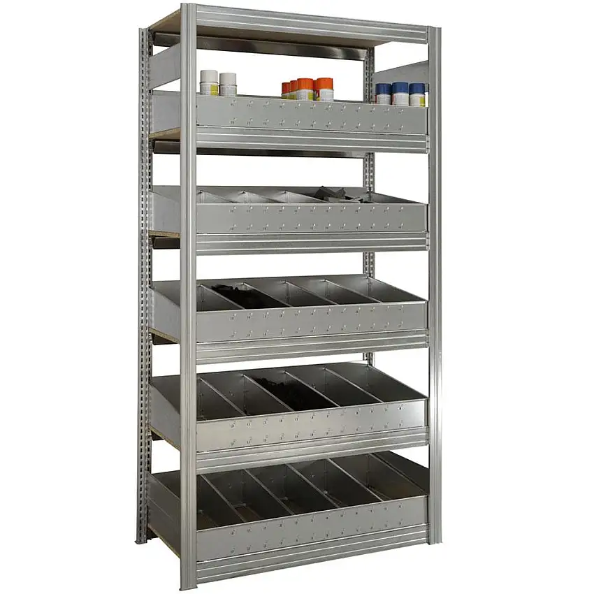 Kleinteileregal FALKE Stecksystem mit Schüttensets | Anbauregal | HxBxT 200x101x60cm | 6 Ebenen mit Stahlplatten | Fachlast 150kg | Verzinkt