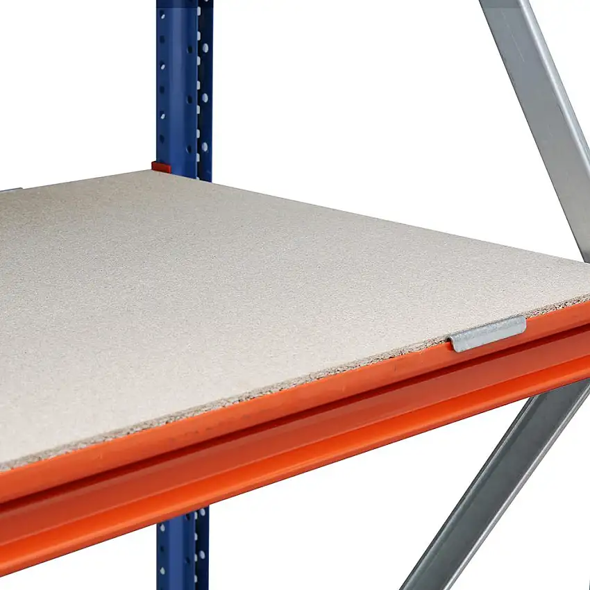 Zusatzebene für Weitspannregal MOOSE | Auflageträger + Holzeinlage | BxT 225x100cm | Fachlast 660kg | Spanplatten-Fachboden | Reinorange