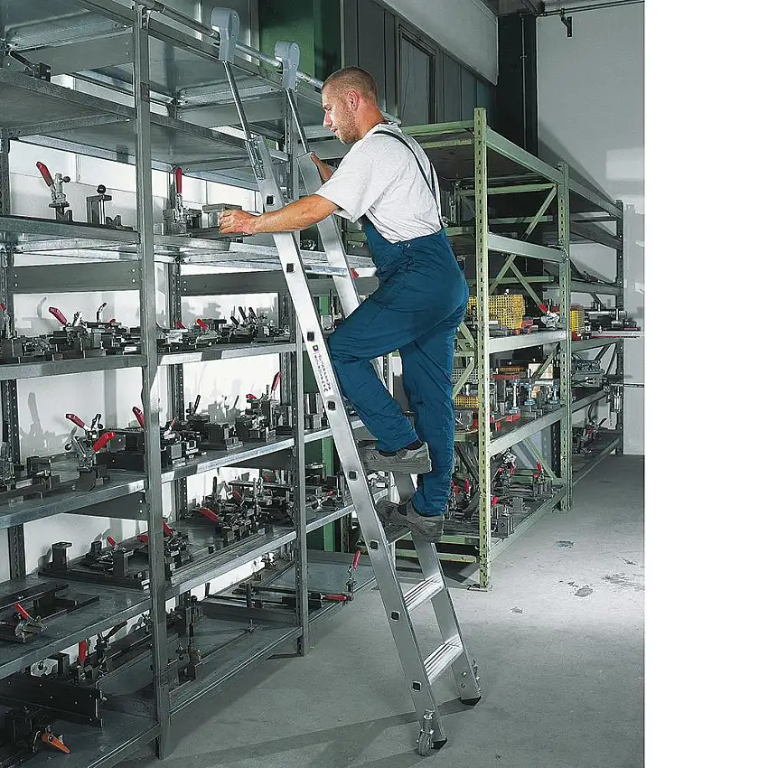 Aluminium-Regalleiter FALKE | 10 Stufen | Arbeitshöhe 380cm | Breite 42cm | Fahrbar | 2 selbstarretierende Bremsrollen Ø 80 mm
