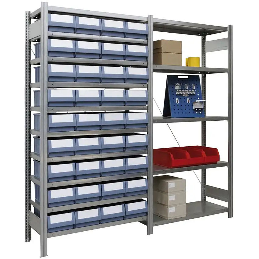 Ordnungsregal FALKE Stecksystem inkl. 36 Regalkästen | Anbauregal | HxBxT 200x101x40cm | 9 Ebenen | Fachlast 150kg | Verzinkt