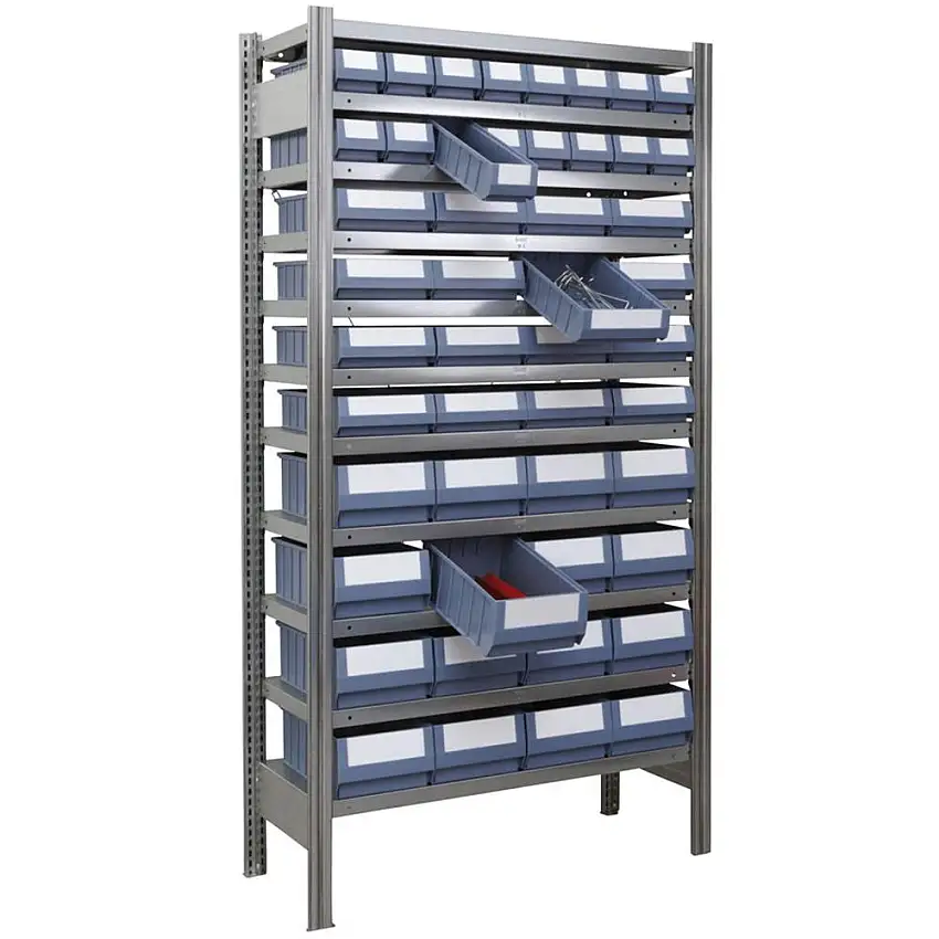 Ordnungsregal FALKE Stecksystem inkl. 48 Regalkästen | Grundregal | HxBxT 200x101x30cm | 10 Ebenen | Fachlast 150kg | Verzinkt