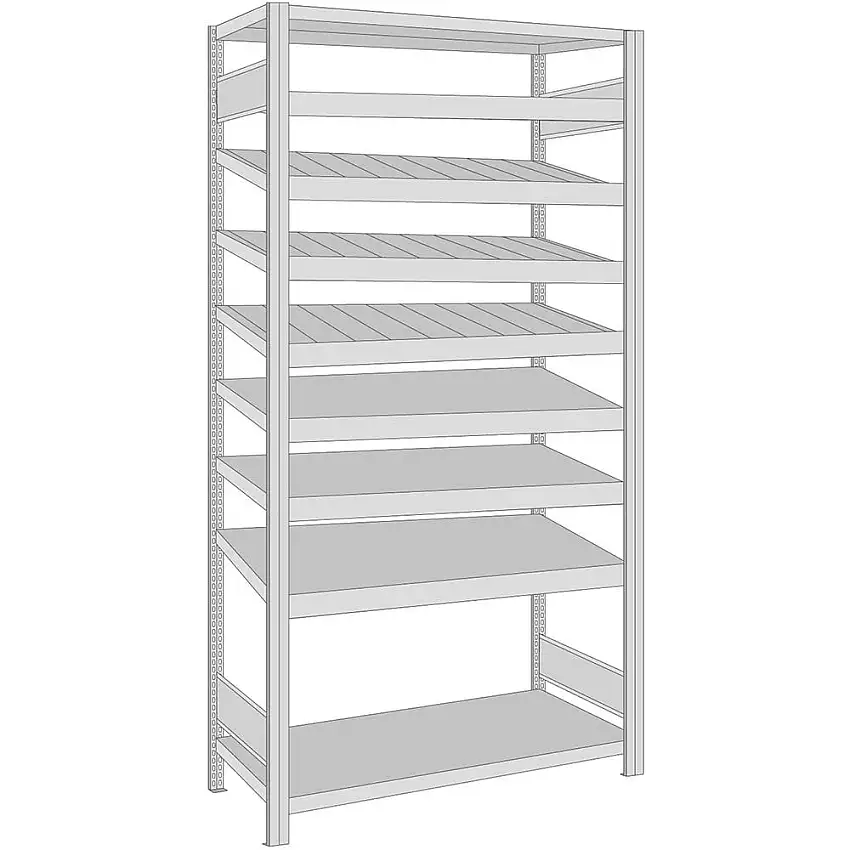 Fachbodenregal FALKE Stecksystem mit 2x Stahlfachboden, 3x Schrägboden & 4x Schrägboden mit Führungsdraht | Grundregal | HxBxT 200x101x50cm | 9 Ebenen | Lichtgrau