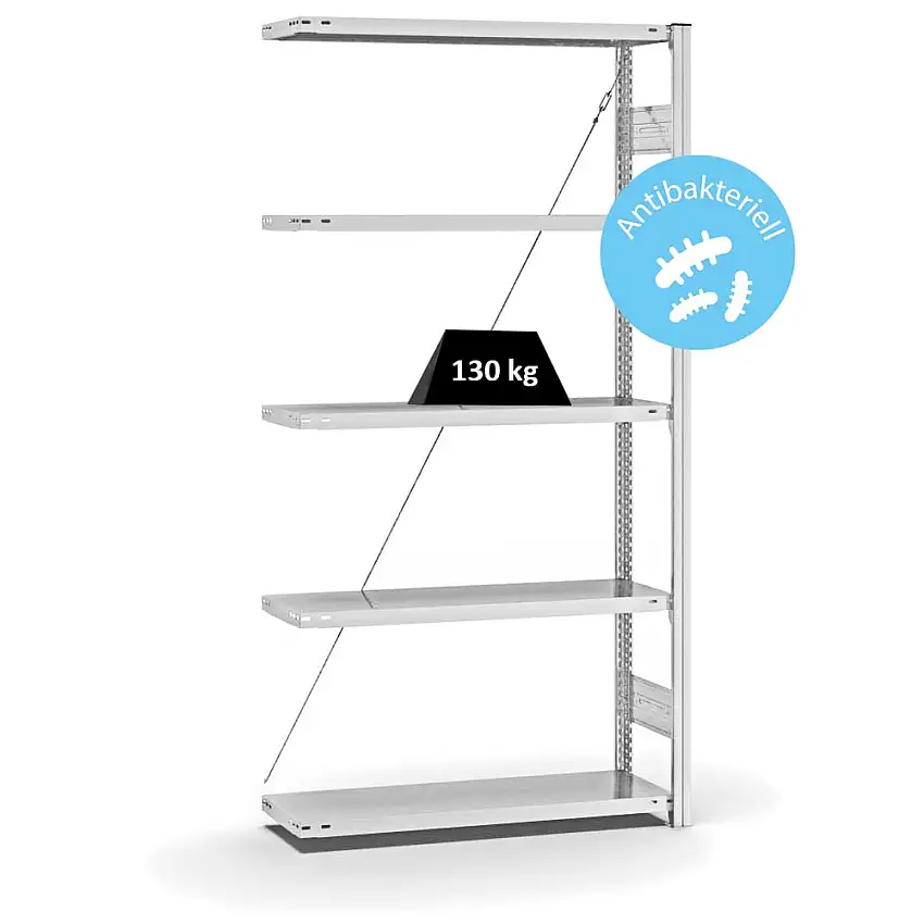 Antibakterielles Fachbodenregal Stecksystem MAGNUS Made in Germany | Anbauregal | HxBxT 200x100x30cm | 5 Ebenen | Traglast 150kg | Antibakterielle Beschichtung | Weiß