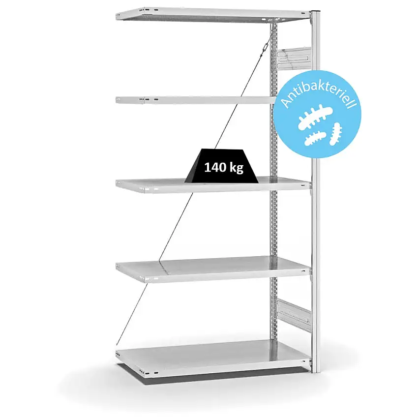 Antibakterielles Fachbodenregal Stecksystem MAGNUS Made in Germany | Anbauregal | HxBxT 200x100x50cm | 5 Ebenen | Traglast 140kg | Antibakterielle Beschichtung | Weiß