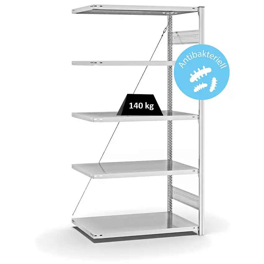 Antibakterielles Fachbodenregal Stecksystem MAGNUS Made in Germany | Anbauregal | HxBxT 200x100x60cm | 5 Ebenen | Traglast 140kg | Antibakterielle Beschichtung | Weiß