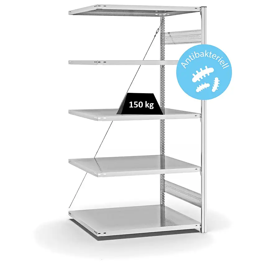 Antibakterielles Fachbodenregal Stecksystem MAGNUS Made in Germany | Anbauregal | HxBxT 200x100x80cm | 5 Ebenen | Traglast 130kg | Antibakterielle Beschichtung | Weiß