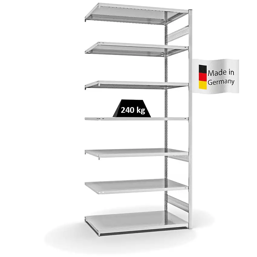 Fachbodenregal Stecksystem MAGNUS Made in Germany | Anbauregal | HxBxT 300x130x80cm | 7 Ebenen | Fachlast 240 kg | Beidseitig nutzbar | Lichtgrau