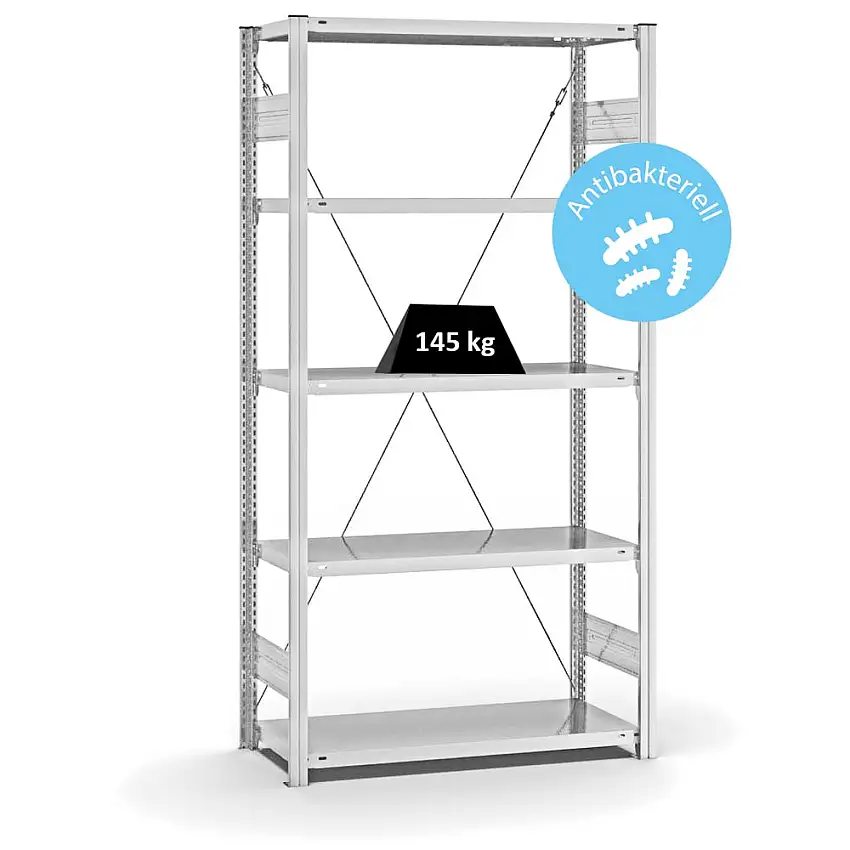 Antibakterielles Fachbodenregal Stecksystem MAGNUS Made in Germany | Grundregal | HxBxT 200x100x40cm | 5 Ebenen | Traglast 145kg | Antibakterielle Beschichtung | Weiß