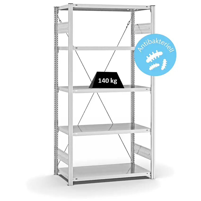 Antibakterielles Fachbodenregal Stecksystem MAGNUS Made in Germany | Grundregal | HxBxT 200x100x50cm | 5 Ebenen | Traglast 140kg | Antibakterielle Beschichtung | Weiß