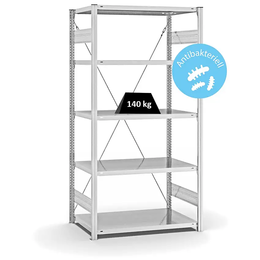 Antibakterielles Fachbodenregal Stecksystem MAGNUS Made in Germany | Grundregal | HxBxT 200x100x60cm | 5 Ebenen | Traglast 140kg | Antibakterielle Beschichtung | Weiß