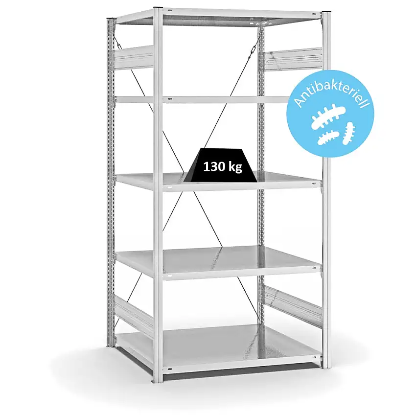 Antibakterielles Fachbodenregal Stecksystem MAGNUS Made in Germany | Grundregal | HxBxT 200x100x80cm | 5 Ebenen | Traglast 130kg | Antibakterielle Beschichtung | Weiß