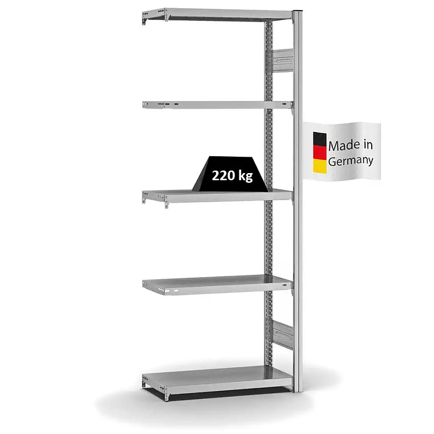Fachbodenregal Stecksystem MAGNUS Made in Germany | Anbauregal | HxBxT 200x75x30cm | 5 Ebenen | Fachlast 220 kg | Beidseitig nutzbar | Verzinkt