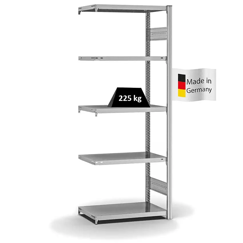 Fachbodenregal Stecksystem MAGNUS Made in Germany | Anbauregal | HxBxT 200x75x40cm | 5 Ebenen | Fachlast 225 kg | Beidseitig nutzbar | Verzinkt