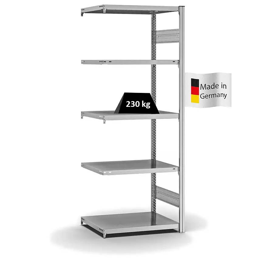 Fachbodenregal Stecksystem MAGNUS Made in Germany | Anbauregal | HxBxT 200x75x50cm | 5 Ebenen | Fachlast 230 kg | Beidseitig nutzbar | Verzinkt