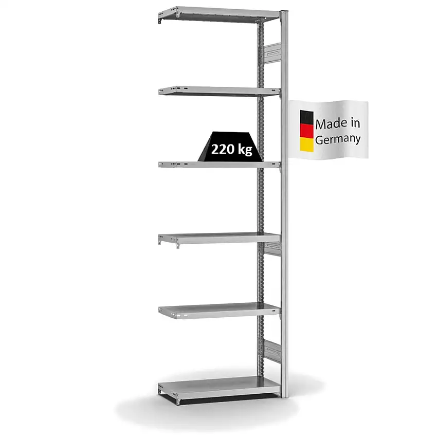 Fachbodenregal Stecksystem MAGNUS Made in Germany | Anbauregal | HxBxT 250x75x30cm | 6 Ebenen | Fachlast 220 kg | Beidseitig nutzbar | Verzinkt
