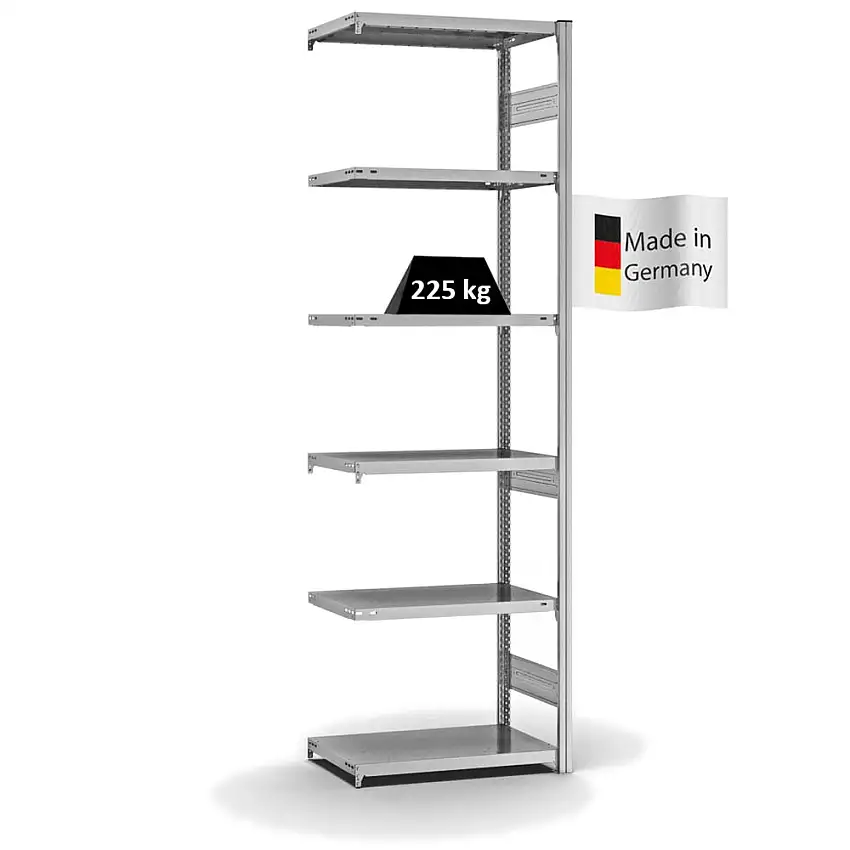Fachbodenregal Stecksystem MAGNUS Made in Germany | Anbauregal | HxBxT 250x75x40cm | 6 Ebenen | Fachlast 225 kg | Beidseitig nutzbar | Verzinkt
