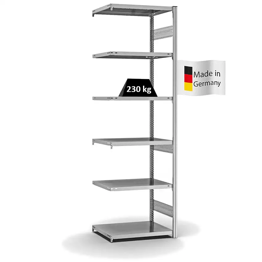 Fachbodenregal Stecksystem MAGNUS Made in Germany | Anbauregal | HxBxT 250x75x50cm | 6 Ebenen | Fachlast 230 kg | Beidseitig nutzbar | Verzinkt