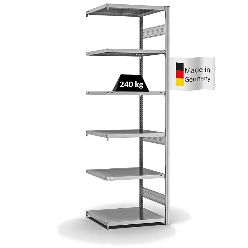 Fachbodenregal Stecksystem MAGNUS Made in Germany | Anbauregal | HxBxT 250x75x60cm | 6 Ebenen | Fachlast 240 kg | Beidseitig nutzbar | Verzinkt