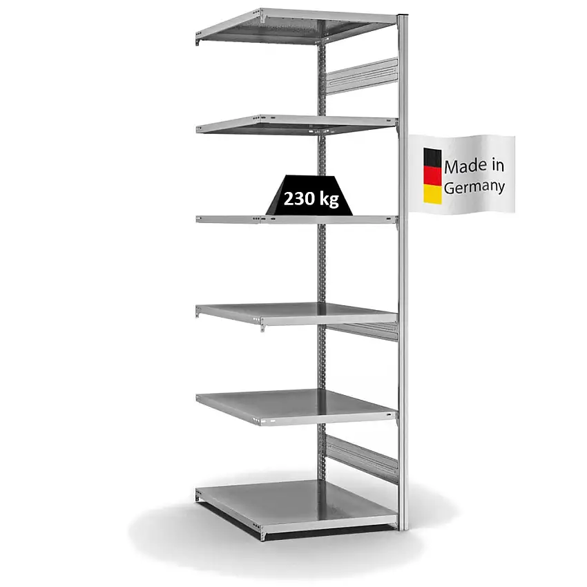 Fachbodenregal Stecksystem MAGNUS Made in Germany | Anbauregal | HxBxT 250x75x80cm | 6 Ebenen | Fachlast 230 kg | Beidseitig nutzbar | Verzinkt