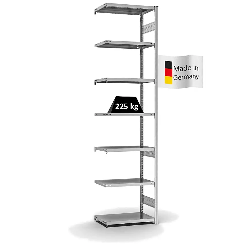 Fachbodenregal Stecksystem MAGNUS Made in Germany | Anbauregal | HxBxT 300x75x40cm | 7 Ebenen | Fachlast 225 kg | Beidseitig nutzbar | Verzinkt