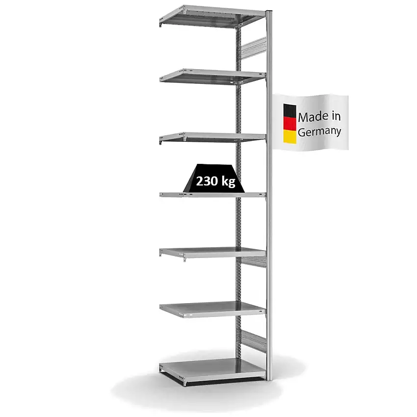 Fachbodenregal Stecksystem MAGNUS Made in Germany | Anbauregal | HxBxT 300x75x50cm | 7 Ebenen | Fachlast 230 kg | Beidseitig nutzbar | Verzinkt