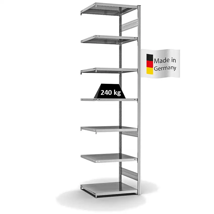 Fachbodenregal Stecksystem MAGNUS Made in Germany | Anbauregal | HxBxT 300x75x60cm | 7 Ebenen | Fachlast 240 kg | Beidseitig nutzbar | Verzinkt