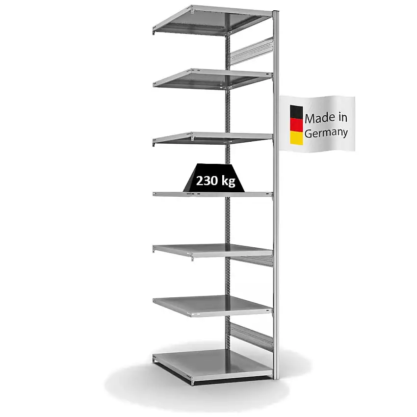 Fachbodenregal Stecksystem MAGNUS Made in Germany | Anbauregal | HxBxT 300x75x80cm | 7 Ebenen | Fachlast 230 kg | Beidseitig nutzbar | Verzinkt