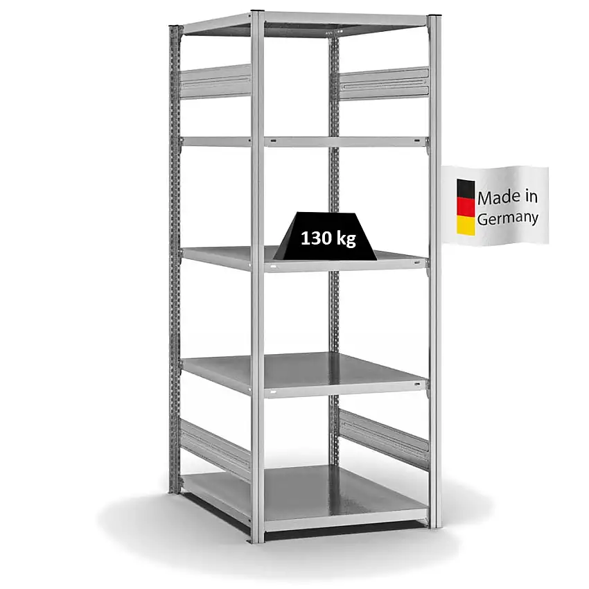 Fachbodenregal Stecksystem MAGNUS Made in Germany | Grundregal | HxBxT 200x75x80cm | 5 Ebenen | Fachlast 130 kg | Beidseitig nutzbar | Verzinkt