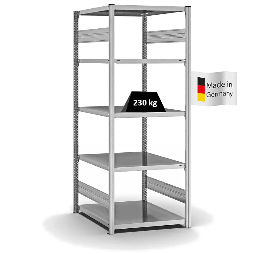 Fachbodenregal Stecksystem MAGNUS Made in Germany | Grundregal | HxBxT 200x75x80cm | 5 Ebenen | Fachlast 230 kg | Beidseitig nutzbar | Verzinkt