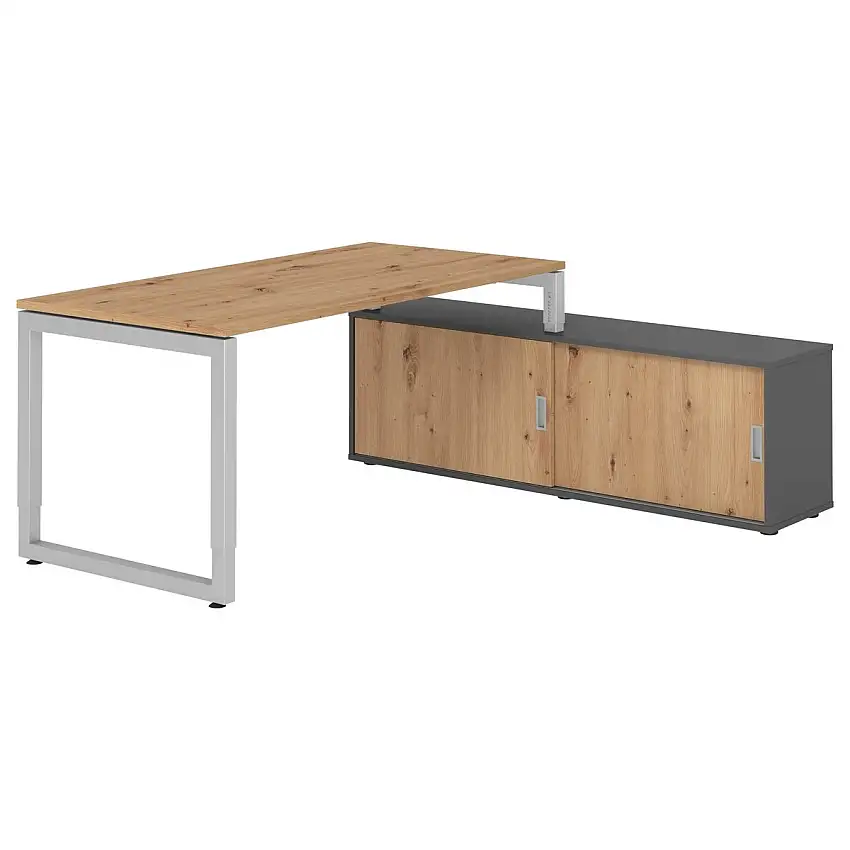 Hammerbacher RSE16SB Schreibtisch-Kombi RSE16 mit Sideboard 1750S 160 x 80 cm, Asteiche-Dekor/Silber