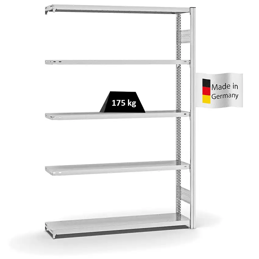 Fachbodenregal Stecksystem MAGNUS Made in Germany | Anbauregal | HxBxT 200x130x30cm | 5 Ebenen | Fachlast 175 kg | Beidseitig nutzbar | Lichtgrau